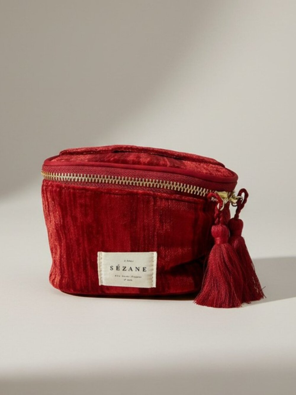 Sézane Paris Red Velvet Tassel Vanity Case Cosmetic Makeup Bag Travel Pouch
